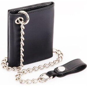 Genuine Black Leather Wallet - Men Trifold Wallet w/ Steel Chain